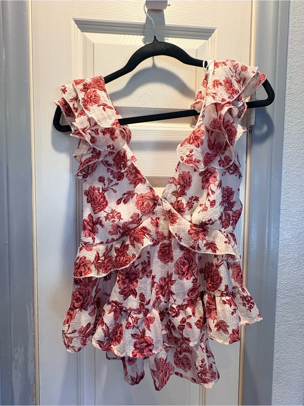 Francesca's Collections Cream Camisole with Red Floral Ruffles